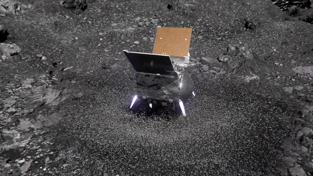 Simulirani računalni prikaz letjelice OSIRIS-REx u trenutku paljenja potisnika kako bi izbjegla potonuće u površinu (©NASA).