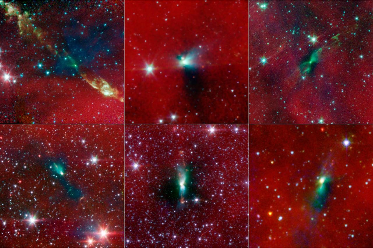 Slike snimljene pomoću NASA-inog svemirskog teleskopa Spitzer koje pokazuju binarne zvijezde koje tvore zajedničke ovojnice (©NASA/JPL-Caltech/University of Michigan).