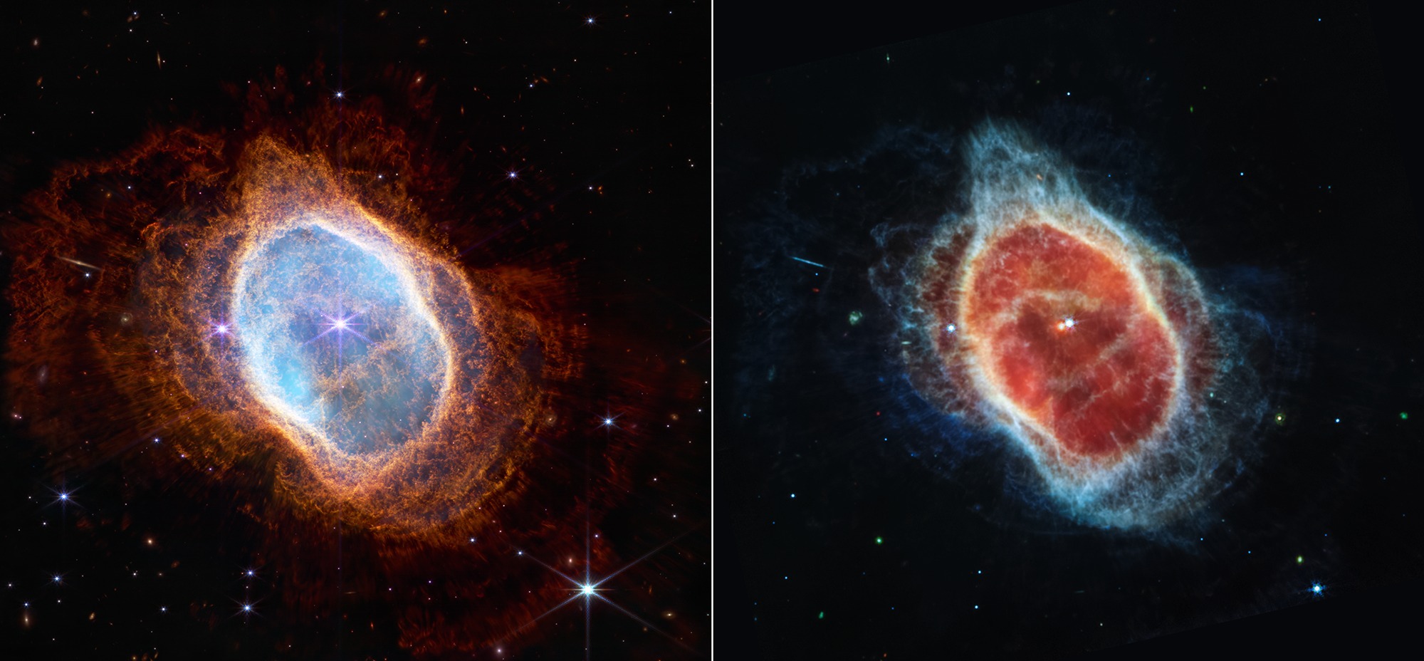 Usporedni prikaz maglice Južni prsten u bliskom infracrvenom svjetlu (eng. near-infrared; lijevo; NIRCam) i srednjem infracrvenom svjetlu (eng. mid-infrared; desno; MIRI), kako ju je snimio teleskop James Webb (©NASA/ESA/CSA).