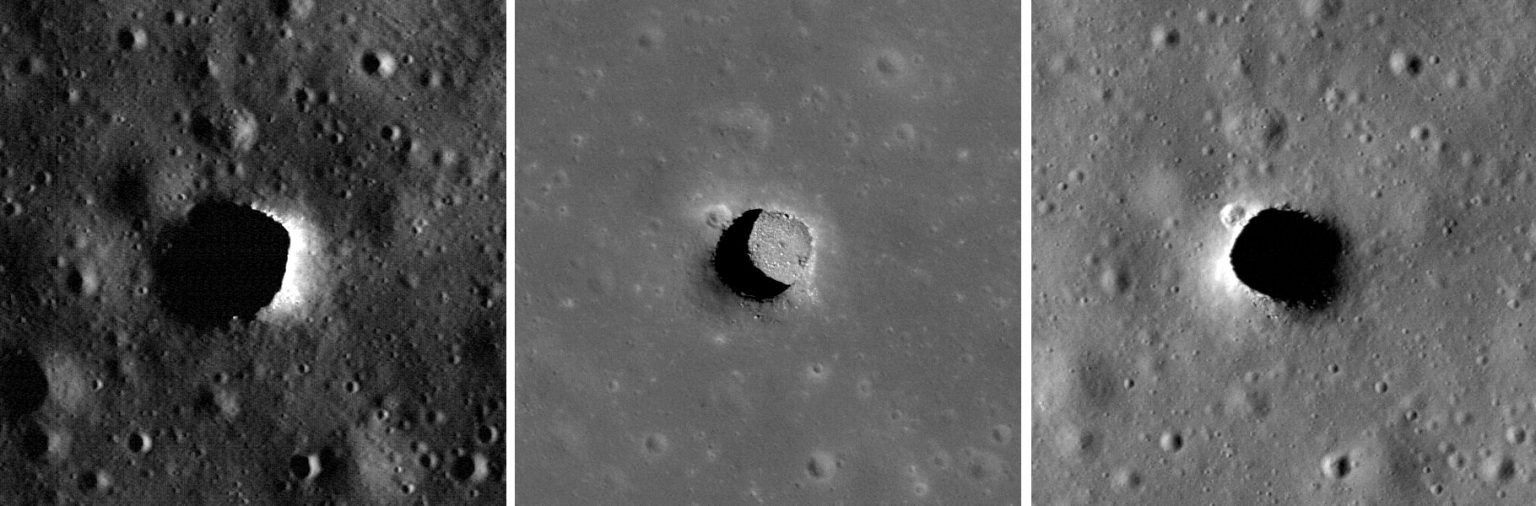 Tri slike jame Marius Hills snimljene su NASA-inom kamerom Lunar Reconnaissance Orbitera, svaka s vrlo različitim svjetlosnim okruženjem. Dok se Sunce penje visoko iznad dna jame, znanstvenici mogu vidjeti dno jame. Ova je jama duboka otprilike 34 metra i široka 65 metara (©NASA/GSFC/Arizona State University).