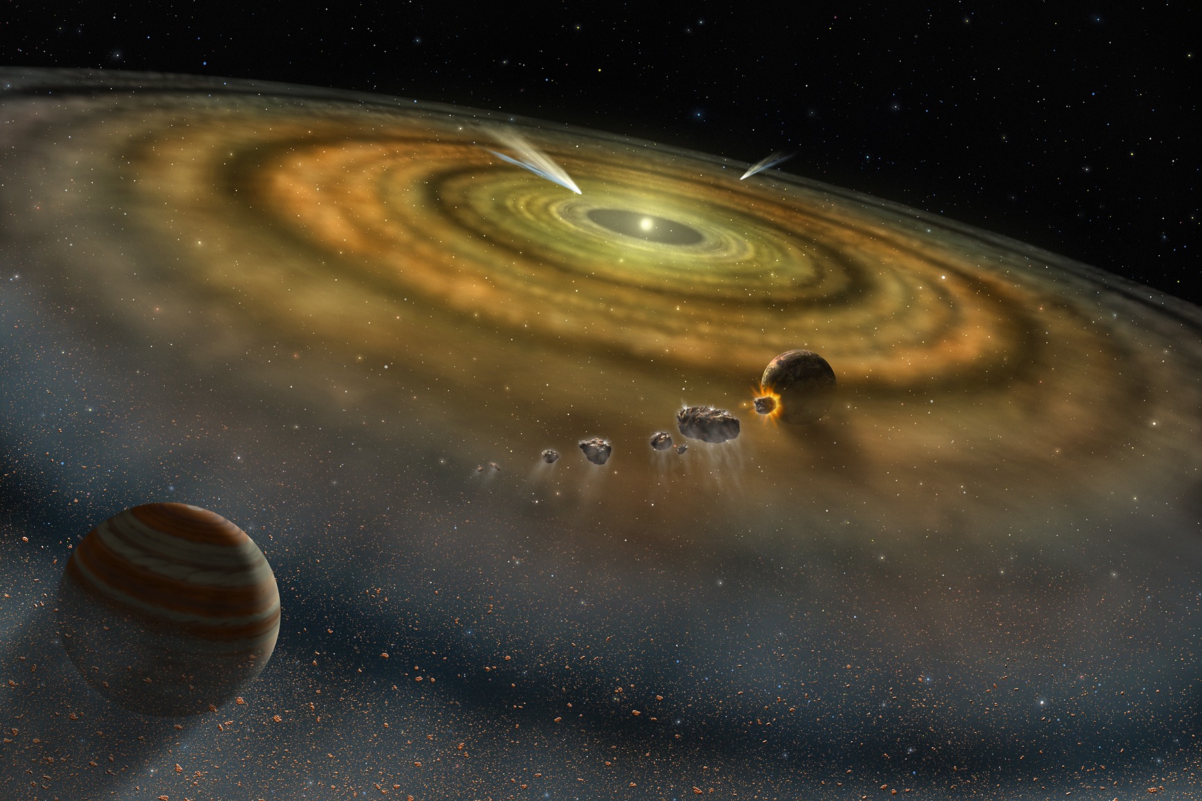 Umjetnički prikaz prašine i plina koji okružuju zvijezdu na početku formiranja novog solarnog sustava (©NASA).