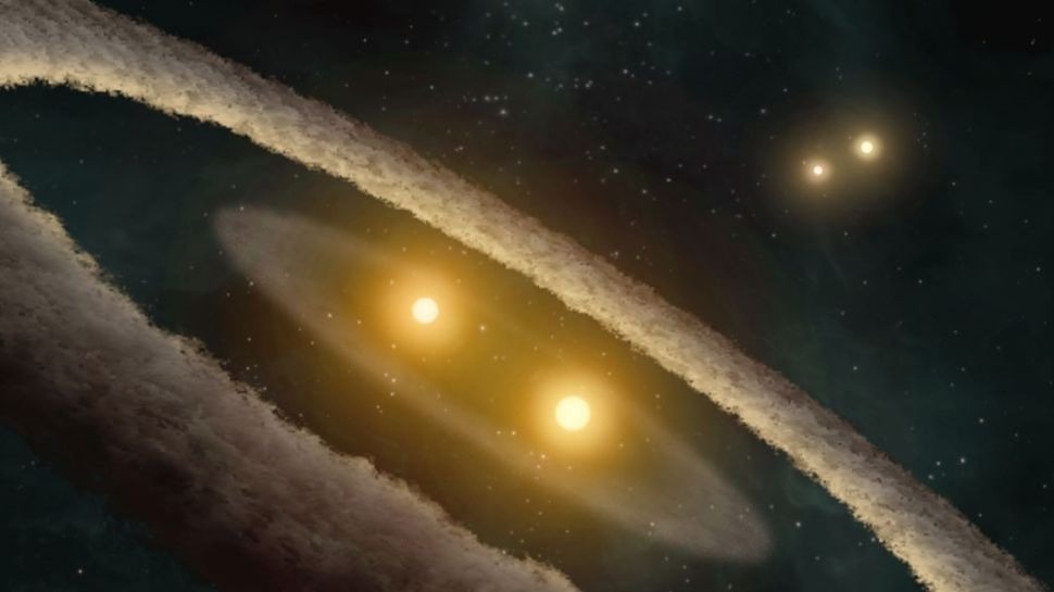 Umjetnički prikaz sustava s četiri zvijezde HD 98800. Novootkriveni sustav s tri zvijezde TIC 470710327 ima vrlo sličnu strukturu osim što se vanjski par zvijezda koje kruže oko središnjeg binarnog para vjerojatno stopio u jednu zvijezdu (©NASA/JPL-Caltech/UCLA).