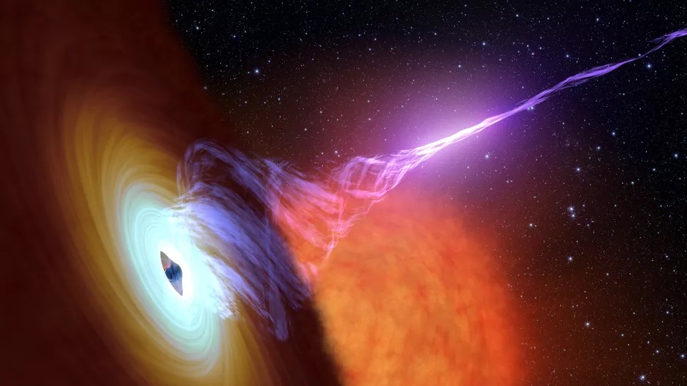 An artist's depiction of a black hole releasing jets. (Image credit NASA, JPL-Caltech)