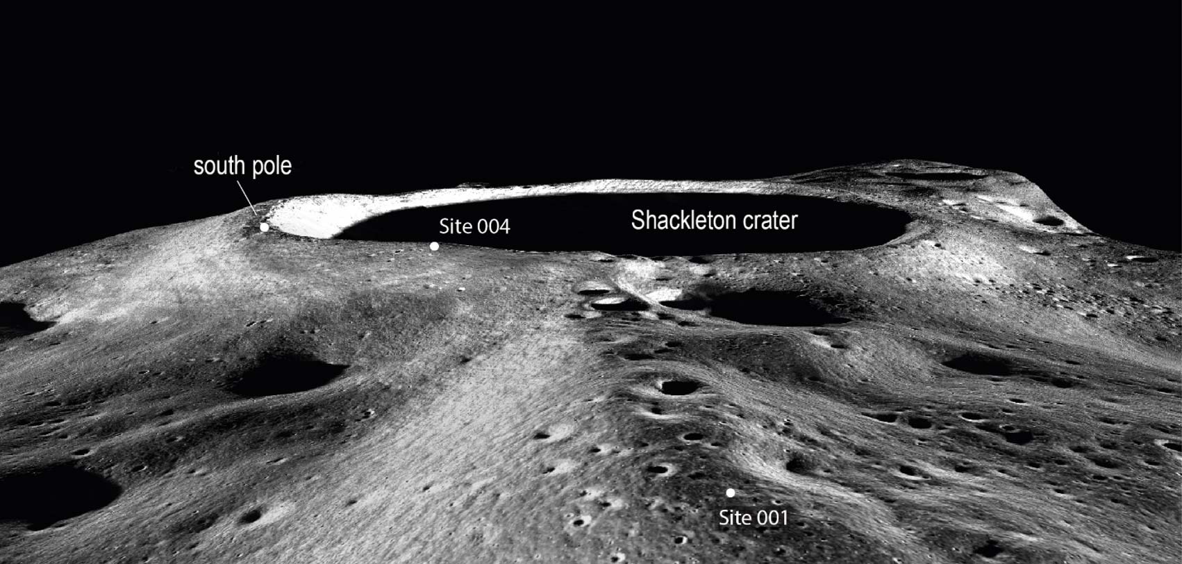 Kosi pogled na lunarni južni pol i potencijalna Artemidina mjesta slijetanja (©ETHZ\LPI\Valentin T. Bickel i David A. Kring).