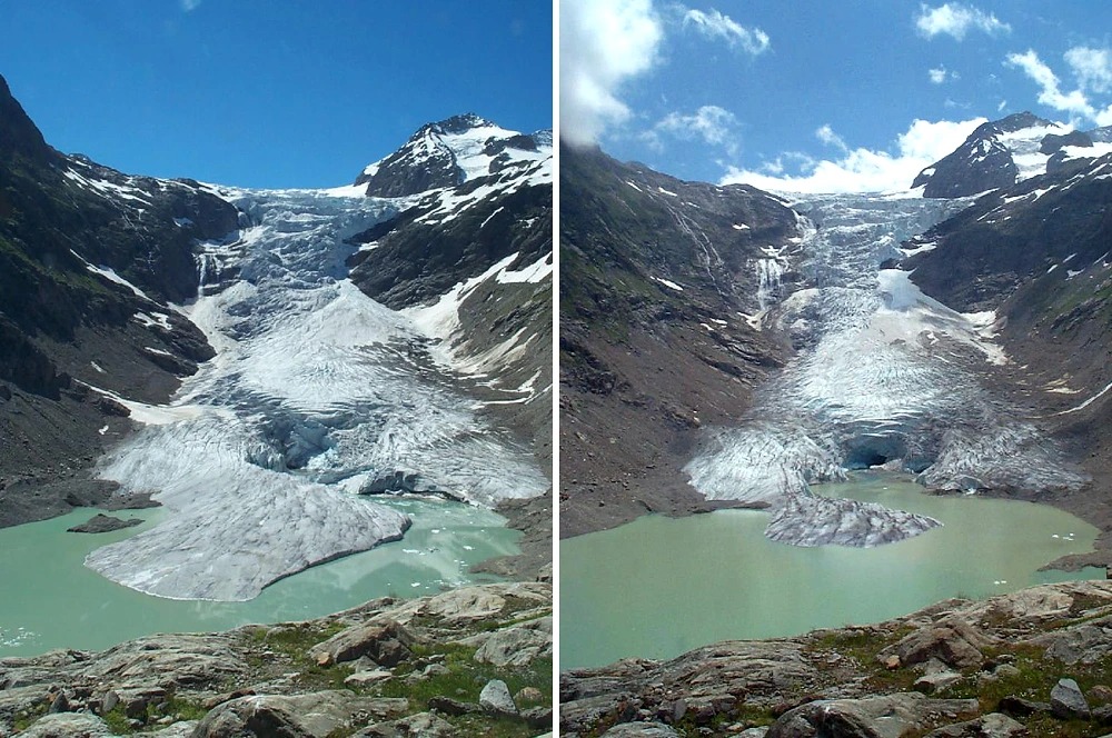 Švicarski ledenjak Trift samo je jedan u nizu primjera povlačenja leda. Naime, u samo godinu dana između 2004. (lijevo) i 2005. (desno) godine povukao se za oko 180 metara (©Swiss Academy of Sciences).