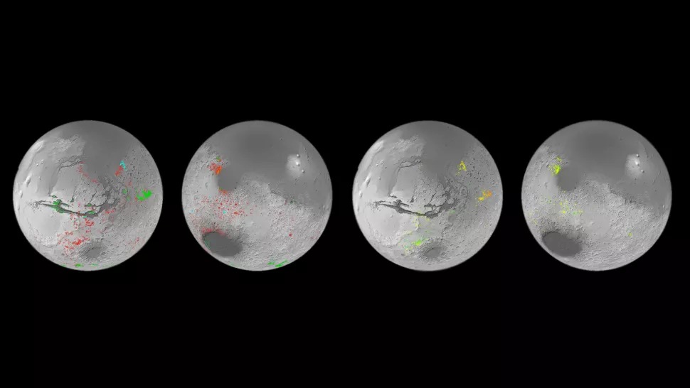Podatci s ESA-inog Mars Expressa i NASA-inog Mars Reconnaissance Orbitera korišteni su za izradu prve detaljne globalne karte hidratiziranih mineralnih naslaga na Marsu (©ESA/Mars Express (OMEGA) i NASA/Mars Reconnaissance Orbiter (CRISM)).