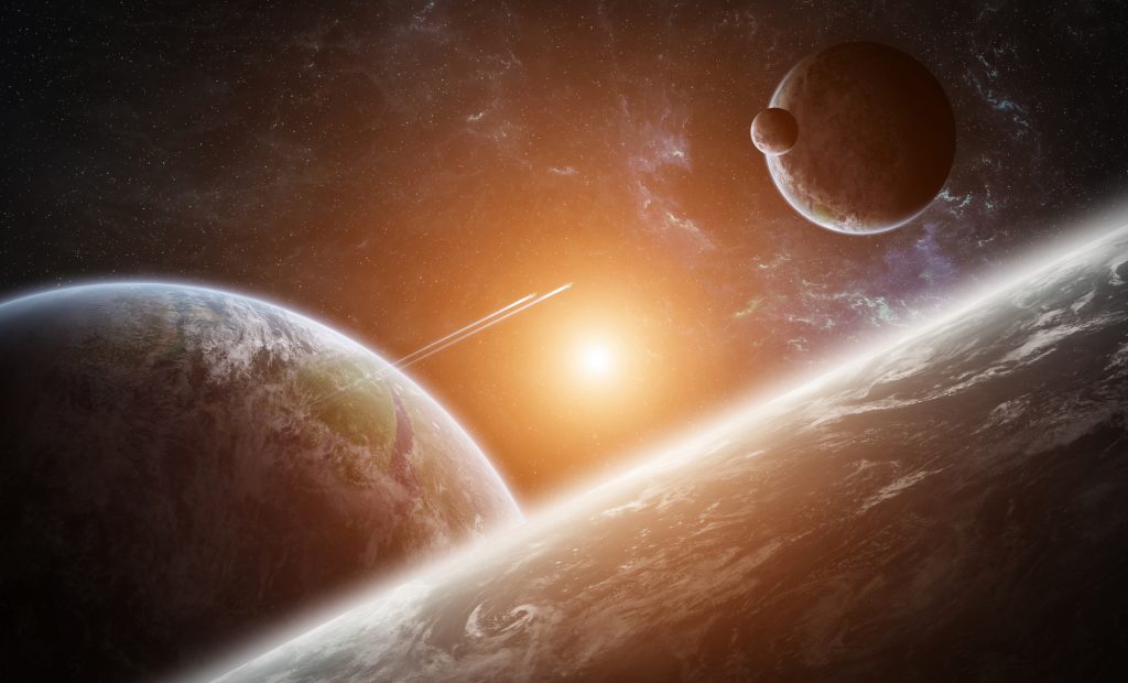 Egzoplanet Sunrise over group of planets in space (Depositphotos)