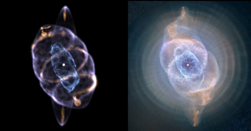 Usporedna trodimenzionalnog modela maglice Mačje oko koju je stvorio Clairmont [lijevo] i maglice Mačje oko koju je fotografirao svemirski teleskop Hubble [desno] (©Ryan Clairmont (lijevo), NASA, ESA, HEIC, Hubble Heritage (desno)).