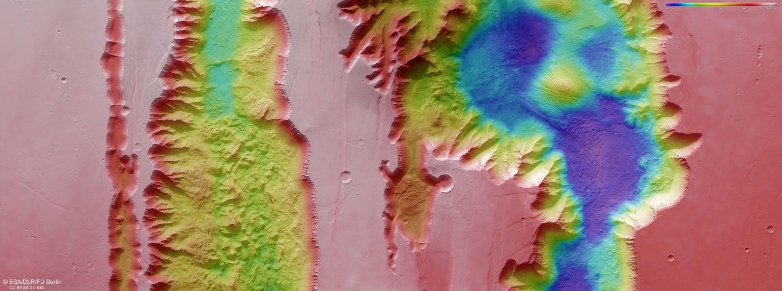 Struktura Marsovog kanjona Valles Marineris predstavljena je na ovoj koloriranoj topografskoj slici (©ESA/DLR/FU Berlin, CC BY-SA 3.0 IGO).