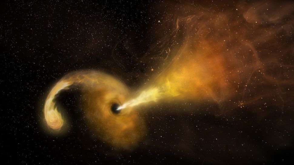 Umjetnički prikaz 'eksplozije' koja se događa kada zvijezda prođe preblizu supermasivne crne rupe (©Sophia Dagnello, NRAO/AUI/NSF).