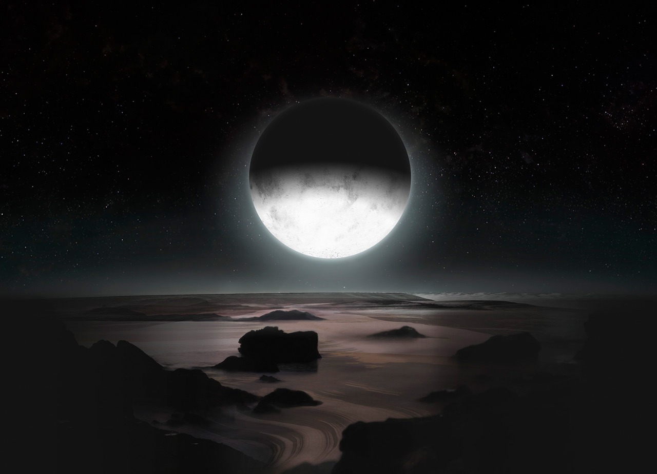 Umjetnički prikaz mjeseca Haron u trenutku 'izdizanja' iznad horizonta promatranja na površini Plutona (©Johns Hopkins University Applied Physics Laboratory/Southwest Research Institute).