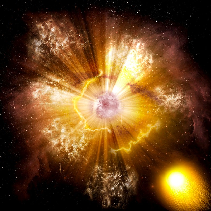 Umjetnički prikaz složenosti, dinamike i razaranja eksplozije supernove u dvojnom zvjezdanom sustavu, 56 Ursa Majoris. MI se vidi u silueti naspram eksplozije (©Leslie Proudfit).