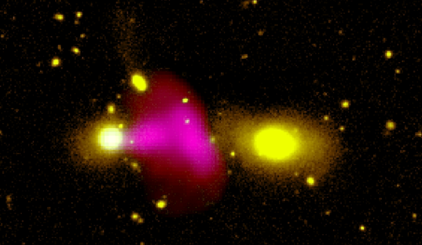 Crna rupa unutar galaksije RAD12 izbacuje veliki radio mlaz prema pratećoj galaksiji. Izvor: Dr. Ananda Hota, GMRT, CFHT, MeerKAT.