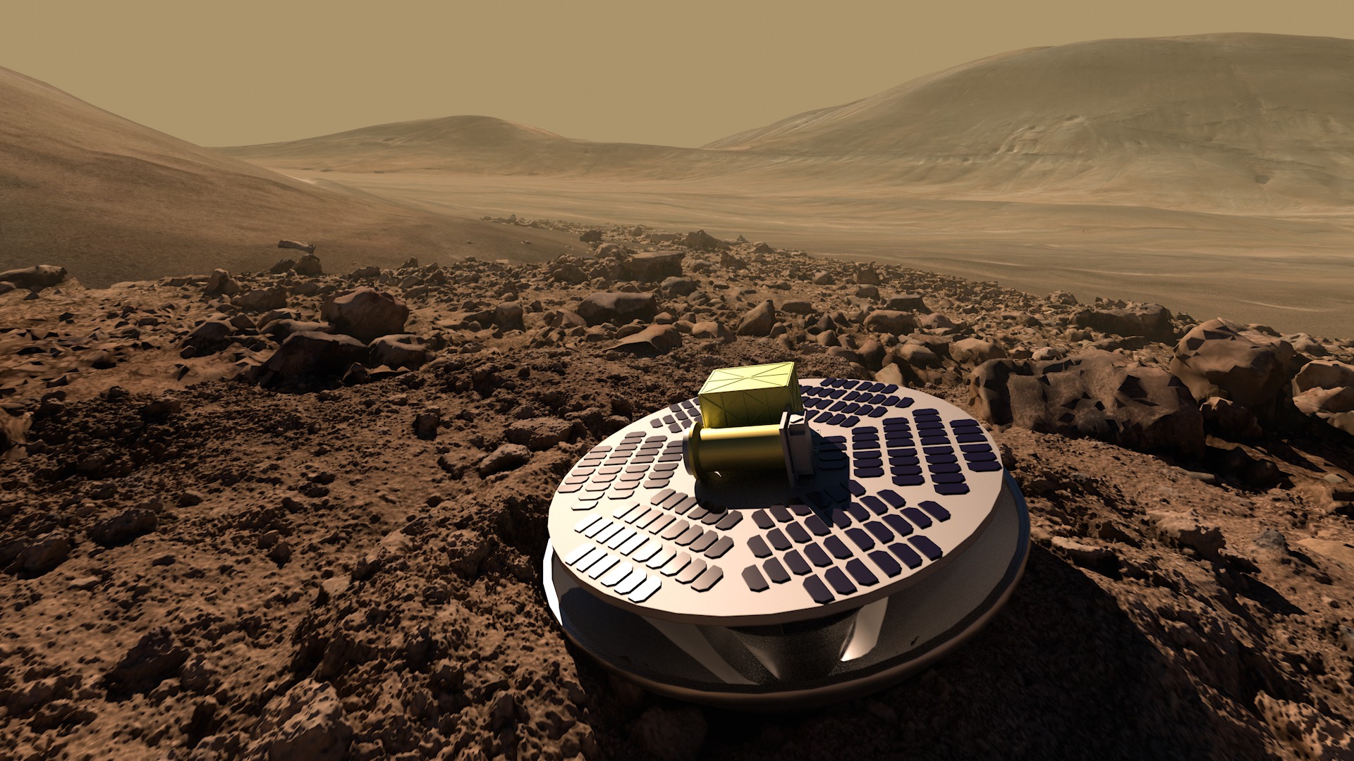 Ilustracija SHIELD-a, koncepta lendera za Mars koji bi omogućio jeftinije slijetanje na površinu Crvenog planeta mehanizmom nalik na 'harmoniku' (©California Academy of Sciences/NASA).