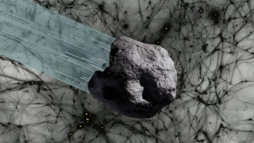 Ilustracija meteora koji 'juri' pored tamne tvari (©NASA/NSF/Ralf Kaehler/Ethan Nadler/SLAC National Accelerator Laboratory/Robert Lea).