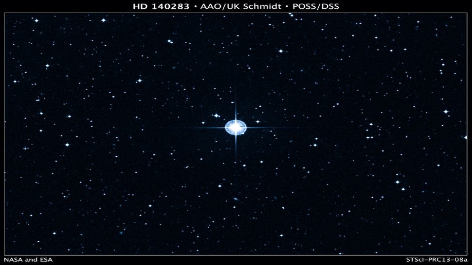 Najstarija poznata zvijezda, službenog naziva HD 140283, no puno poznatija pod nadimkom Metuzalem, udaljena je od Zemlje oko 190 svjetlosnu godinu (©Digitized Sky Survey (DSS), STScI/AURA, Palomar/Caltech, and UKSTU/AAO).