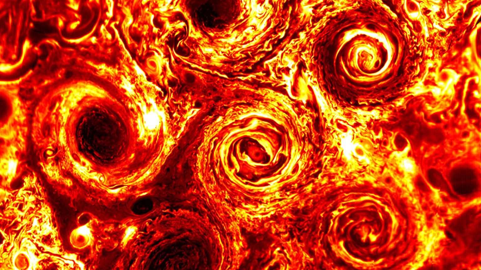 Jupiterove poligonalne oluje pravilnog oblika. Izvor: NASA/JPL-Caltech/SwRI/ASI/INAF/JIRAM .