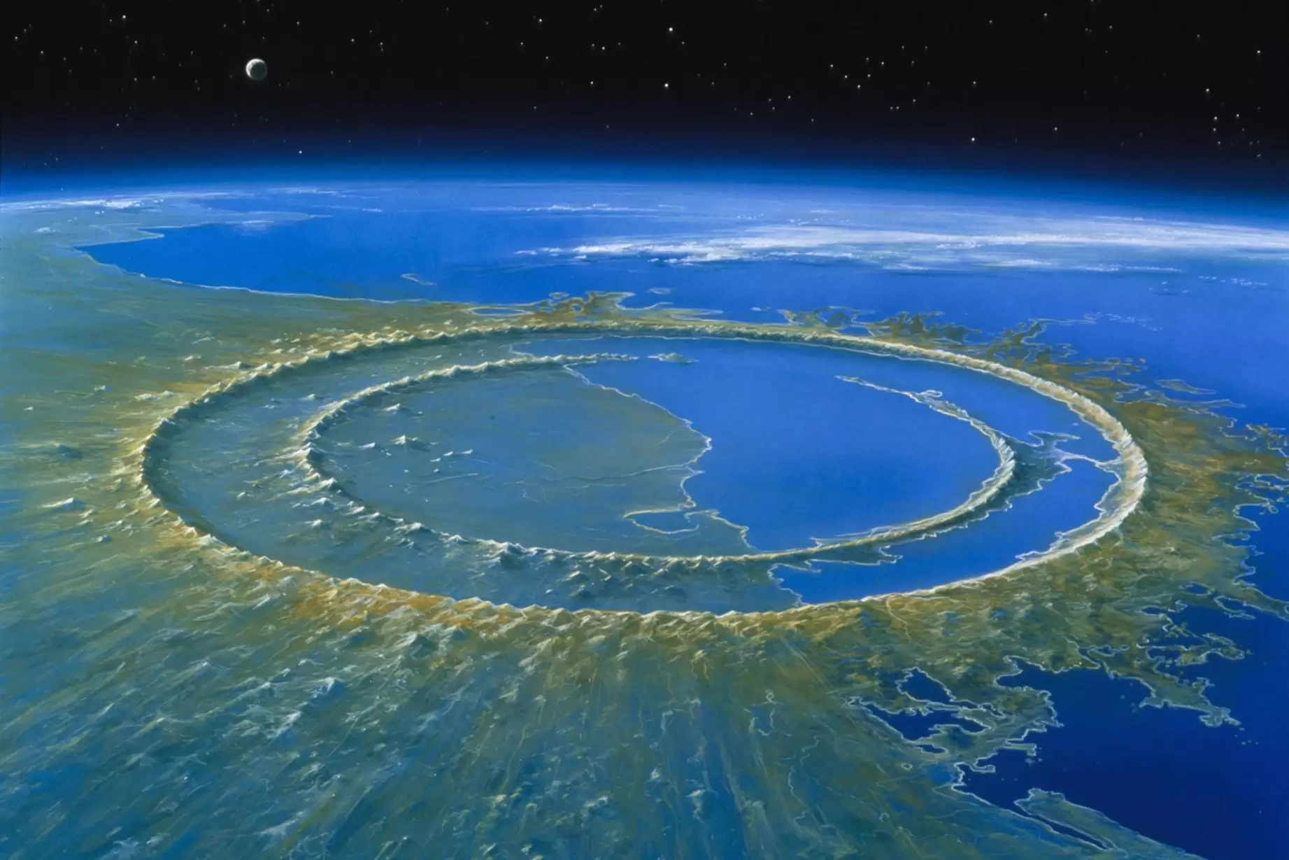 Umjetnički prikaz kratera nastalog nakon udara asteroida pored poluotoka Yucatán prije 66 milijuna godina (©National Geographic).