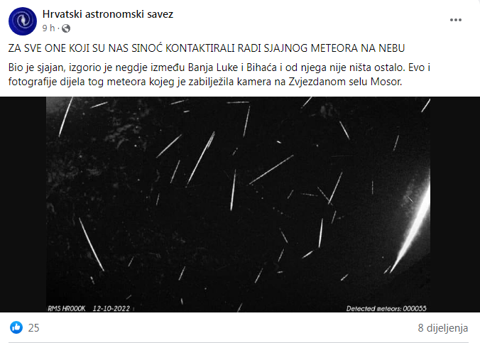 Objava Hrvatskog astronomskog saveza u vezi sjajnog meteora iznad Dalmacije. Izvor: Facebook.com / Hrvatski astronomski savez.