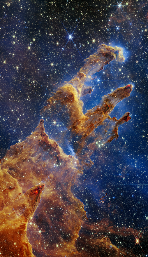 NASA-in James Webb svemirski teleskop snimio je blizu infracrvenu sliku Stupova stvaranja. Izvor: NASA, ESA, CSA, STScI; Joseph DePasquale (STScI), Anton M. Koekemoer (STScI), Alyssa Pagan (STScI).