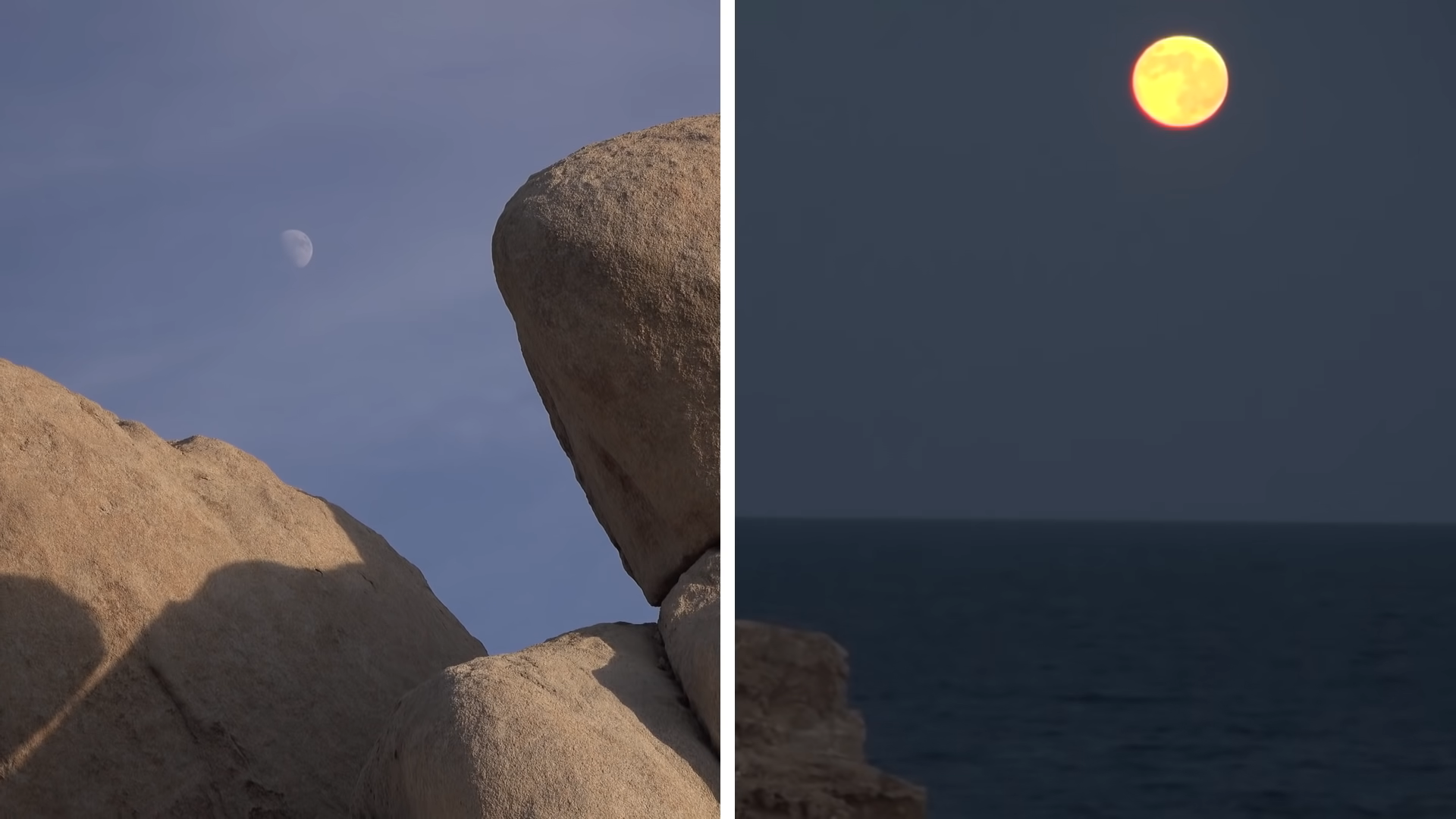 Mjesec na danjem (lijevo) i noćnom (desno) nebu (©NASA).