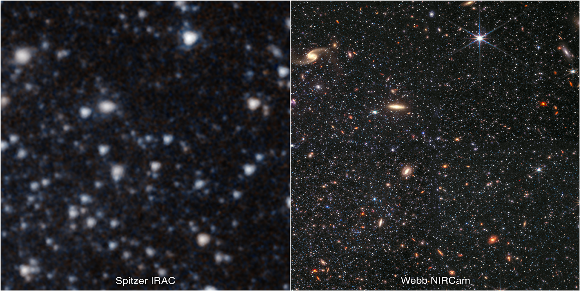 Usporedba slika Wolf–Lundmark–Melotte koje su snimili Spitzer (lijevo) i James Webb (desno). Izvor: NASA, ESA, CSA, STScI, Kristen McQuinn (Rutgers University)/Alyssa Pagan (STScI) and Zolt Levay (STScI).