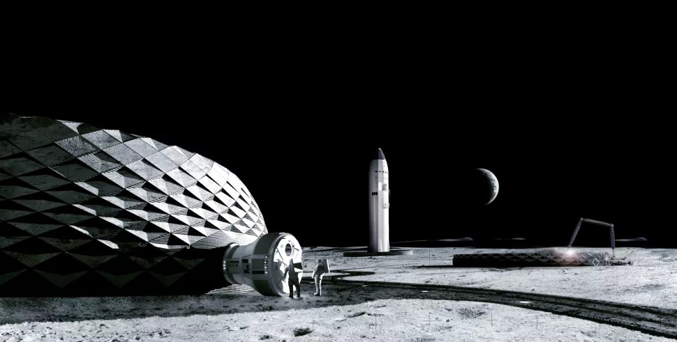 Umjetnički prikaz lunarne infrastrukture projekta Olympus tvrtke ICON, zajedno sa SpaceX-ovim Starshipom u pozadini (©ICON).