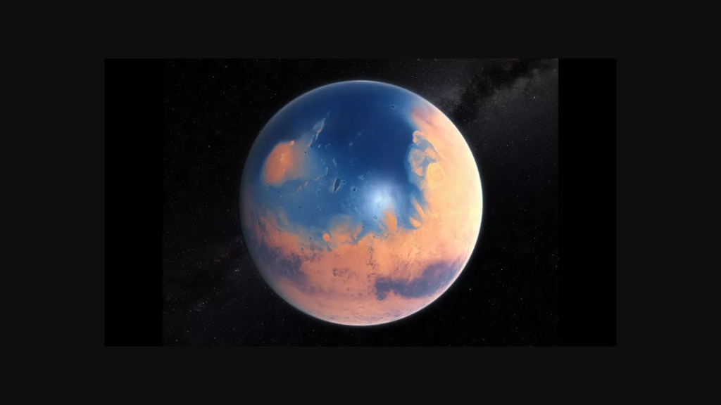 Ilustracija koja prikazuje kako bi Mars izgledao da je prekriven vodom. Izvor: ESO/M. Kornmesser/N. Risinger.