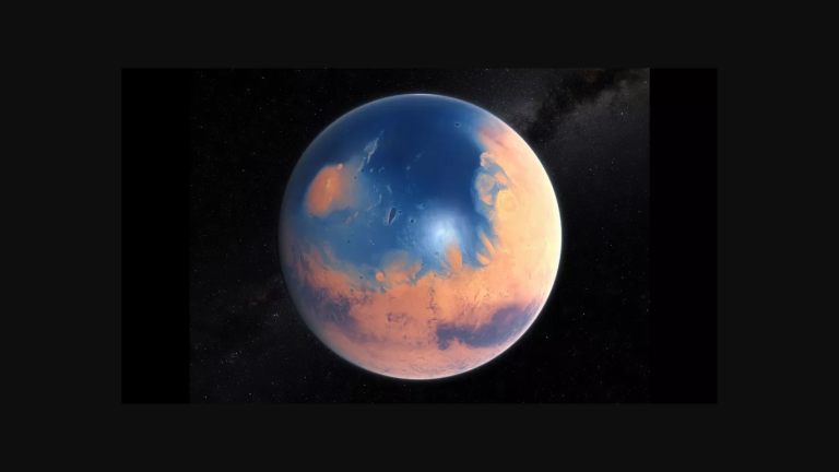 Ilustracija koja prikazuje kako bi Mars izgledao da je prekriven vodom. Izvor: ESO/M. Kornmesser/N. Risinger.