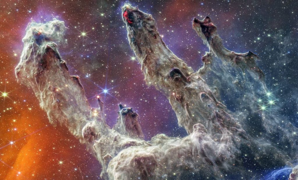 Kombinirana slika Stupova stvaranja s dviju kamera. Izvor: JWST / NASA / ESA.