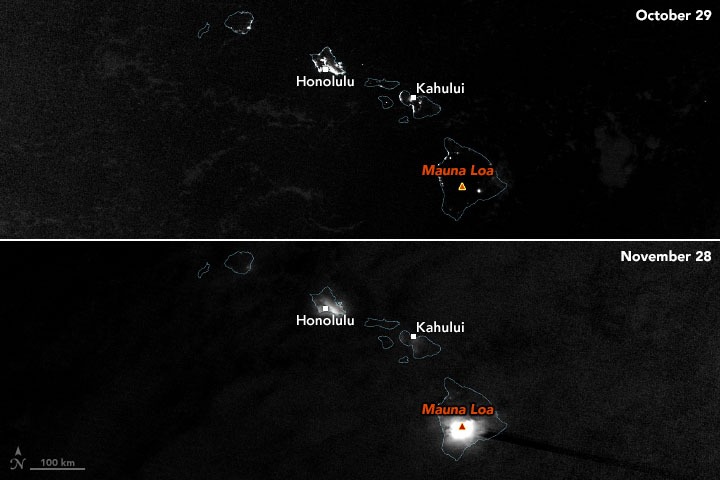 Slika područja oko vulkana Mauna Loa 29. listopada (gore; prije erupcije) i 28. studenoga (dolje; nakon erupcije) (©NASA Earth Observatory).