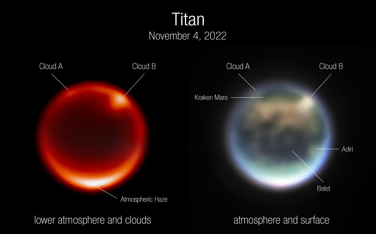 Slike (s popratnim komentarom) koje je James Webb snimio promatrajući Titan (©NASA,ESA,CSA et al).