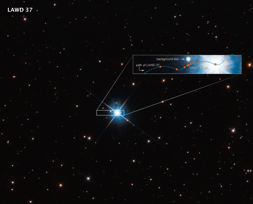 Grafika koja prikazuje putanju bijelog patuljka LAWD 37 ispred daleke zvijezde što je uzrokovalo iskrivljavanje svjetlost u fenomenu poznatom kao 'gravitacijska leća' (©NASA/ESA et al).