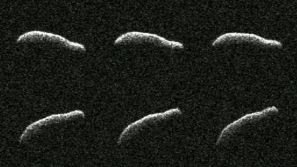 Prikaz šest radarskih slika objekta 2011 AG5 u trenutku kada se asteroid približio Zemlji 3. veljače 2023. godine – riječ je o jednom od najizduženijih ikada otkrivenih asteroida (©NASA/JPL-Caltech).