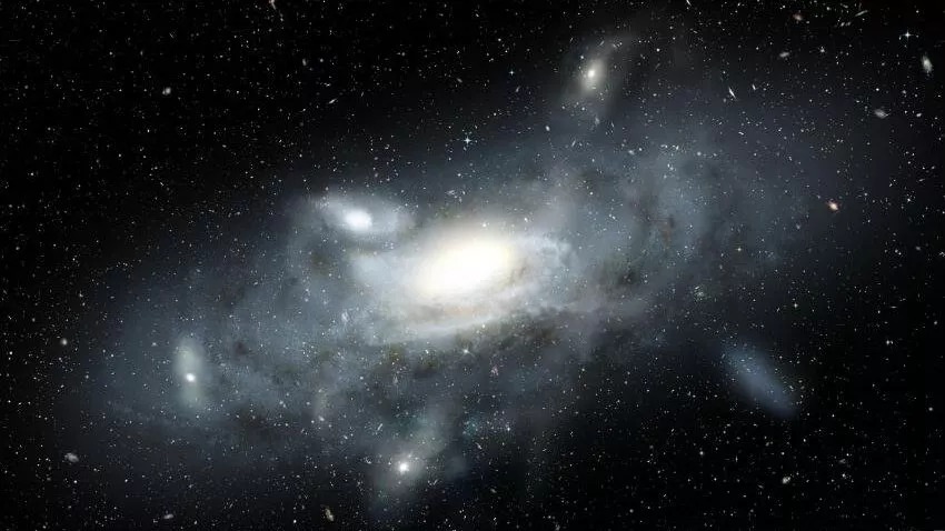 Umjetnički prikaz Mliječnog puta u mladosti, u periodu kad je bila okružena kuglastim skupovima zvijezda (©James Josephides, Sveučilište Swinburne).