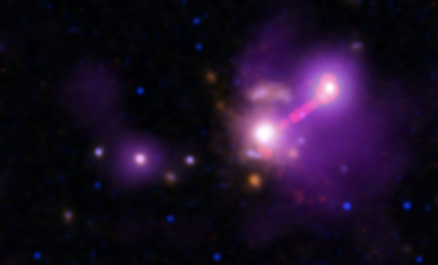 Fotografija usamljene galasije 3C 297. Izvor: (Credit: X-ray: NASA/CXC/Univ. of Torino/V. Missaglia et al.; Optical: NASA/ESA/STScI & International Gemini Observatory/NOIRLab/NSF/AURA; Infrared: NASA/ESA/STScI; Radio: NRAO/AUI/NSF)
