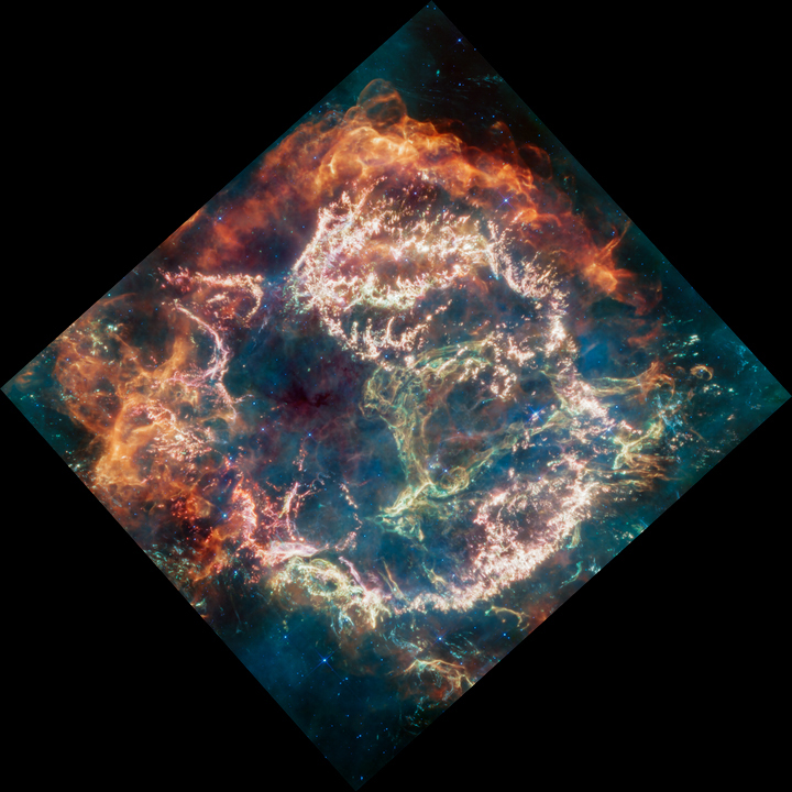 Smješten u sazviježđu Kasiopeje, Kasiopeja A (Cas A) je ostatak supernove udaljen otprilike 11.000 svjetlosnih godina od Zemlje. Ovaj ostatak pokriva područje od oko 10 svjetlosnih godina. Najnovija fotografija, koja koristi podatke s Webb-ovog srednje-infracrvenog instrumenta (MIRI), pruža svježu perspektivu na Cas A. Zasluge: NASA, ESA, CSA, D. D. Milisavljevic (Purdue), T. Temim (Princeton), I. De Looze (Sveučilište u Gentu). Obrada slike: J. DePasquale (STScI).