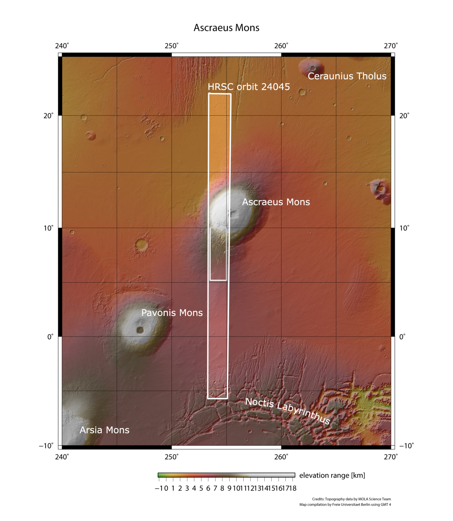 Širi pogled na Ascraeus Mons. Zasluge: NASA/MGS/MOLA Science Team.