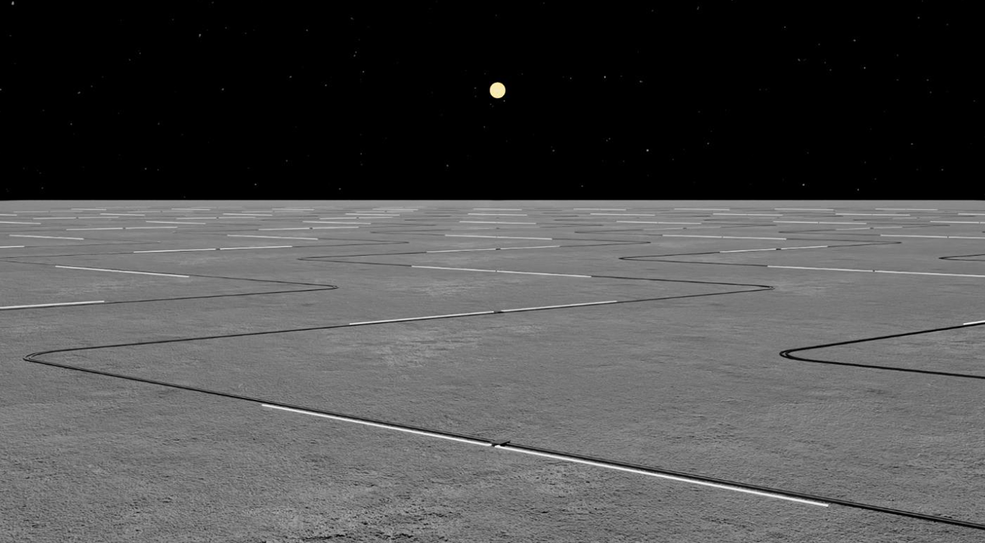 Teleskop FarView. Grafički prikaz zvjezdarnice FarView – veliki, na licu mjesta proizveden lunarni radijski niz s daleke strane Zasluge: Ronald Polidan.