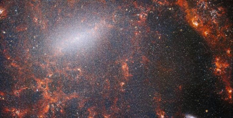 Ovo je pogled na prečkastu spiralnu galaksiju NGC 5068, iz instrumenta NIRCam svemirskog teleskopa James Webb. Zasluge: ESA/Webb, NASA & CSA, J. Lee and the PHANGS-JWST Team.