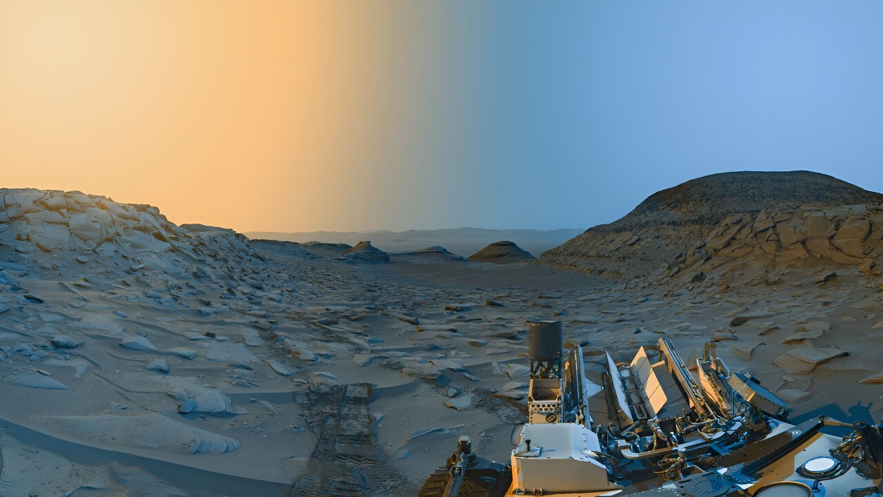 Ova panorama je spojena iz dvije slike "Doline Marker Band" u Gale krateru na Marsu koje je Curiosity snimio 8. travnja 2023., jedna ujutro i jedna poslijepodne po lokalnom vremenu. Izvorne slike snimljene su u crno-bijeloj tehnici i potom kolorizirane, pri čemu desni dio (pod plavim nebom) predstavlja prizor ujutro, a lijevi dio (pod žutim nebom) predstavlja poslijepodne. Zasluge: NASA/JPL-Caltech.