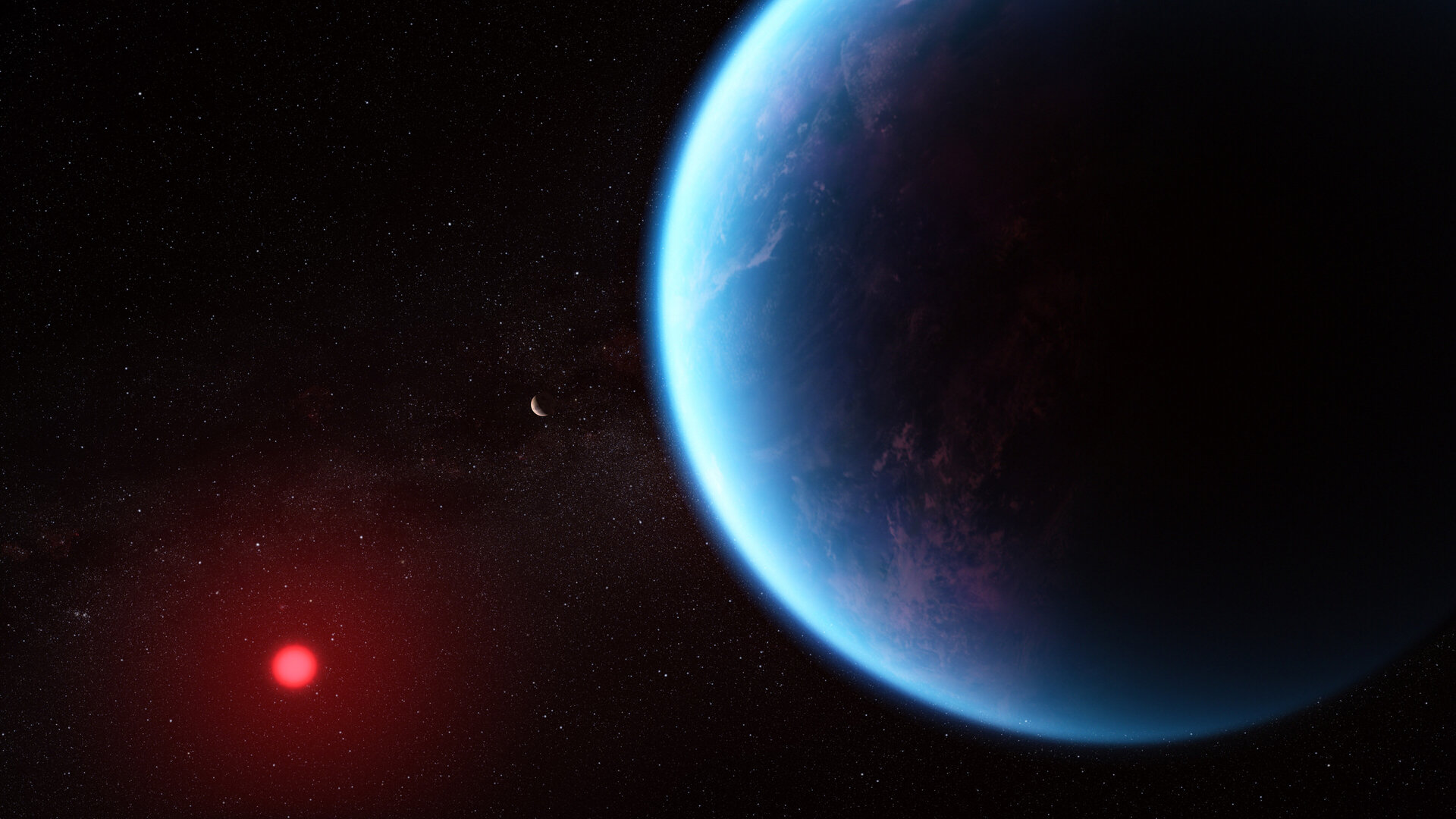 Ilustracija egzoplaneta K2-18b. NASA, CSA, ESA, J. Olmstead (STScI), N. Madhusudhan (Cambridge University)