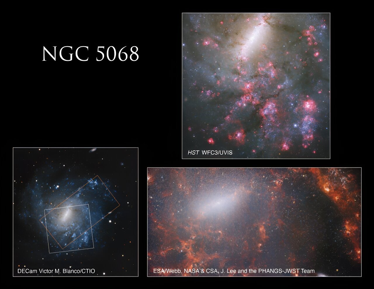 NASA-ina Hubble slika (u gornjem desnom kutu) kombinira ultraljubičaste, vidljive i blisko infracrvene svjetlosne spektre. Za usporedbu, Webbova slika (u donjem desnom kutu) fokusirana je na infracrvenom spektru. Proširena slika galaksije NGC 5068 (dolje lijevo) ističe položaje obiju slika - Hubbleove i Webbove - unutar cjelokupne galaksije, čime se pojašnjava njihova međusobna povezanost. Zasluge za slike pripadaju NASA-i, ESA-i, R. Chandaru s Sveučilišta u Toledu i J. Leeju iz STScI-a. Obrada slike je djelo Gladys Kober (NASA/Katoličko sveučilište Amerike), uz suradnju DECam, Victor M. Blanco/CTIO, CSA, J. Lee i tima PHANGS-JWST.