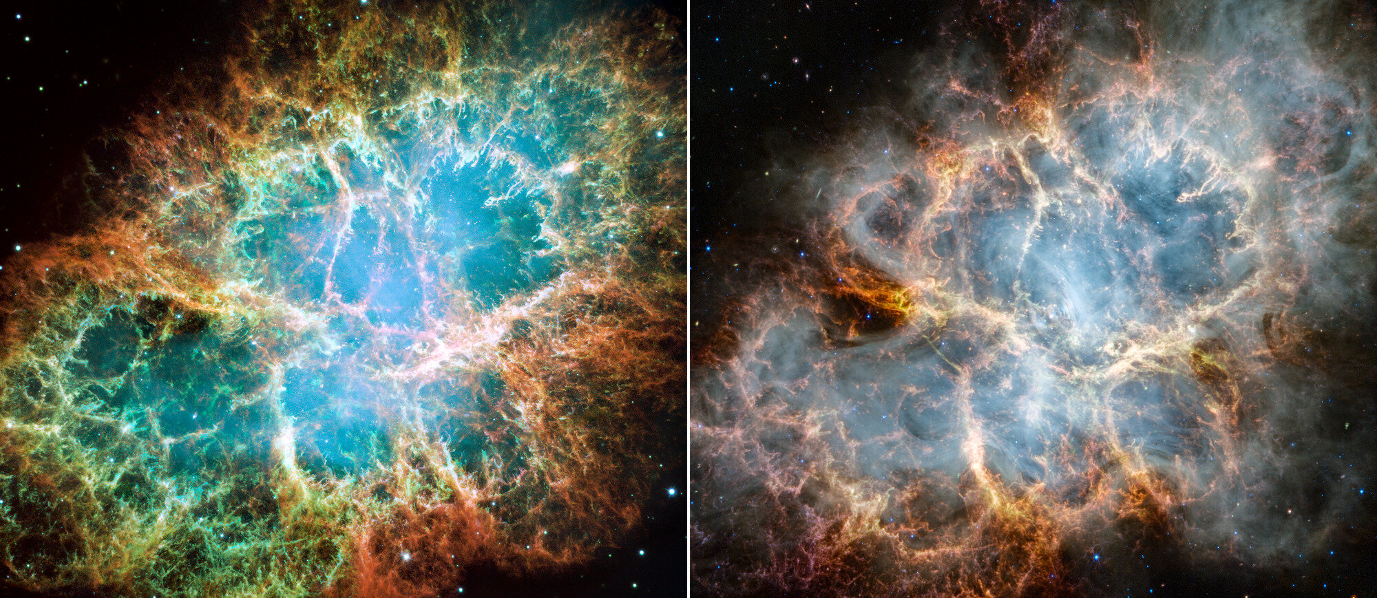 Usporedba Rakove maglice kakvu vidimo pomoću svemirskog teleskopa Hubble u optičkoj svjetlosti (lijevo) i svemirskog teleskopa James Webb u infracrvenom svjetlu (desno). Zasluge: Slika: NASA, ESA, CSA, STScI, Jeff Hester (ASU), Allison Loll (ASU), Tea Temim (Sveučilište Princeton)