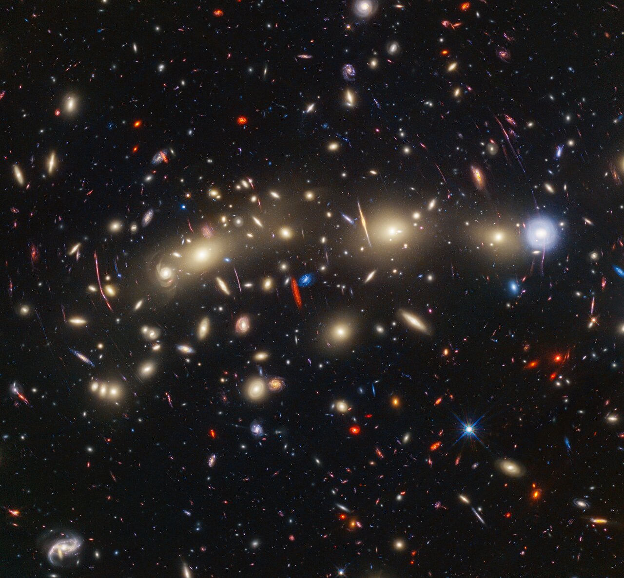 NASA/ESA/CSA James Webb Svemirski Teleskop i NASA/ESA Hubble Svemirski Teleskop udružili su snage kako bi proučili prostrani skup galaksija poznat kao MACS0416. Rezultirajuća pankromatska slika kombinira vidljivo i infracrveno svjetlo kako bi stvorila jedan od najpotpunijih pogleda na Svemir koji je ikada dobiven. Smješten oko 4,3 milijarde svjetlosnih godina od Zemlje, MACS0416 je par sudarajućih skupova galaksija koji će se na kraju spojiti i formirati još veći skup. Zasluge: NASA, ESA, CSA, STScI, J. Diego (Instituto de Física de Cantabria, Spain), J. D’Silva (U. Western Australia), A. Koekemoer (STScI), J. Summers & R. Windhorst (ASU), and H. Yan (U. Missouri).