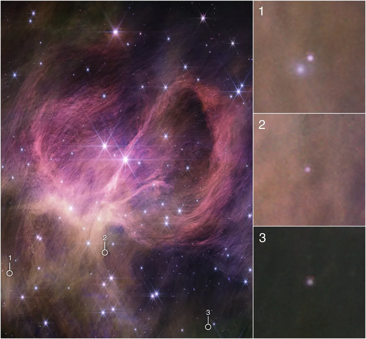 IC 348 i tri sićušna smeđa patuljka. Zasluge za sliku: NASA, ESA, CSA, STScI i K. Luhman (Sveučilište Penn State) i C. Alves de Oliveira (Europska svemirska agencija)