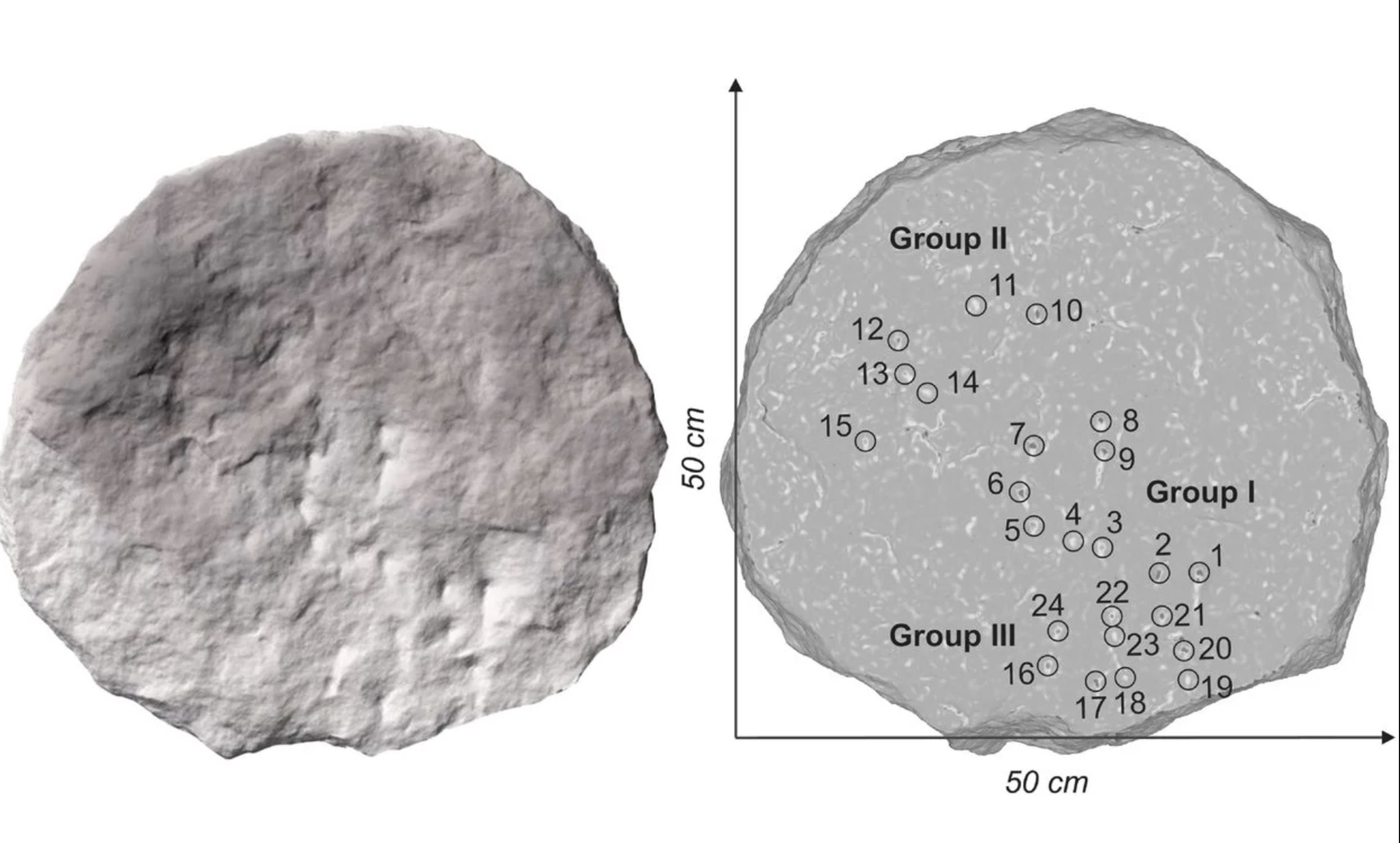 Kamena ploča (lijevo) i navodni prikaz zvijezda na kamenu (desno). Zasluge: INAF.
