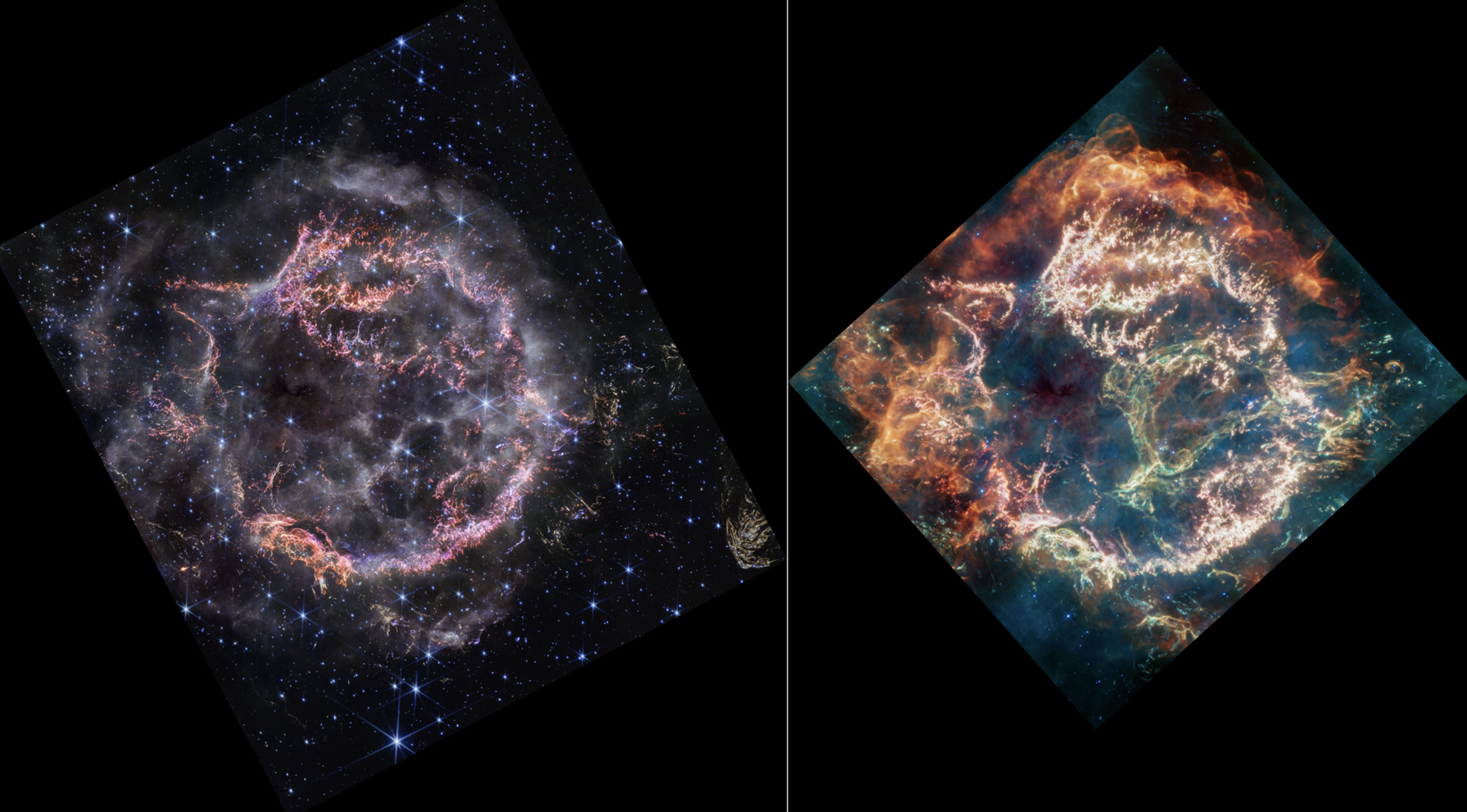 Ova slika prikazuje usporedbu s jedne na druge strane ostatka supernove Kasiopeja A (Cas A) kako ga je uhvatio NIRCam (Kamera bliskog infracrvenog spektra) i MIRI (Instrument srednjeg infracrvenog spektra) svemirskog teleskopa James Webb NASA-e.