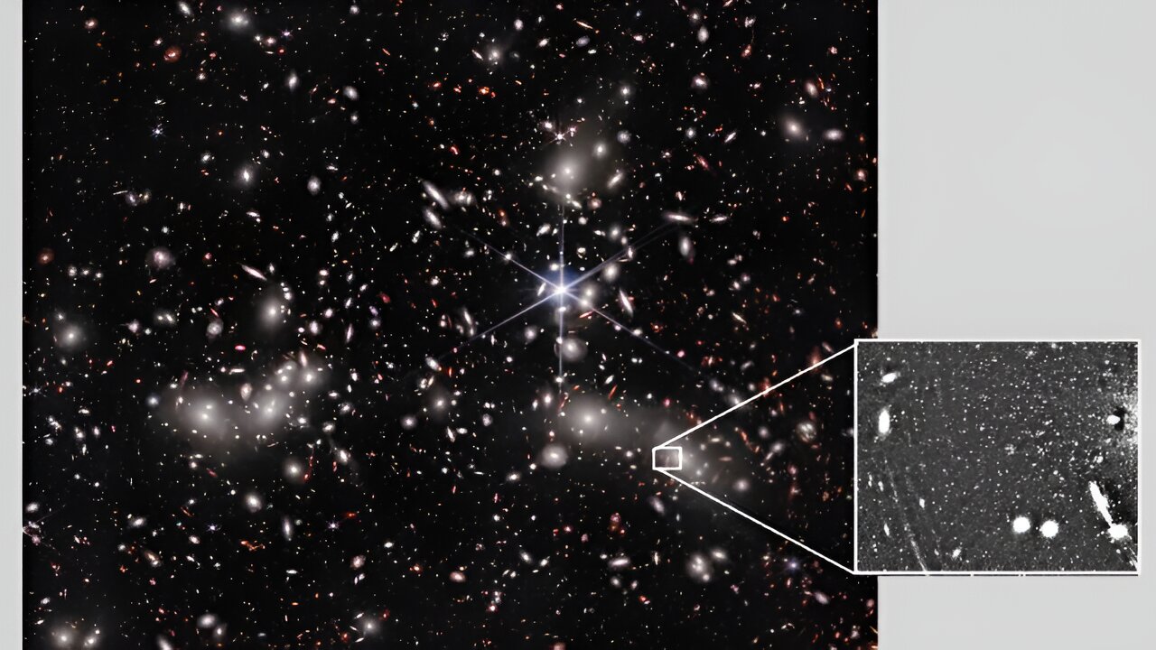 Slika Teleskopa James Webb prostora od Abella 2744, golemog skupa galaksija udaljenog 3,5 milijarde svjetlosnih godina. Umetnuta slika desno: Povećani dio regije, koji prikazuje stotine malih, točkastih objekata koji su neki od kuglastih zvjezdanih skupova koji pripadaju galaksijama Abella 2744. Zasluge: NASA.