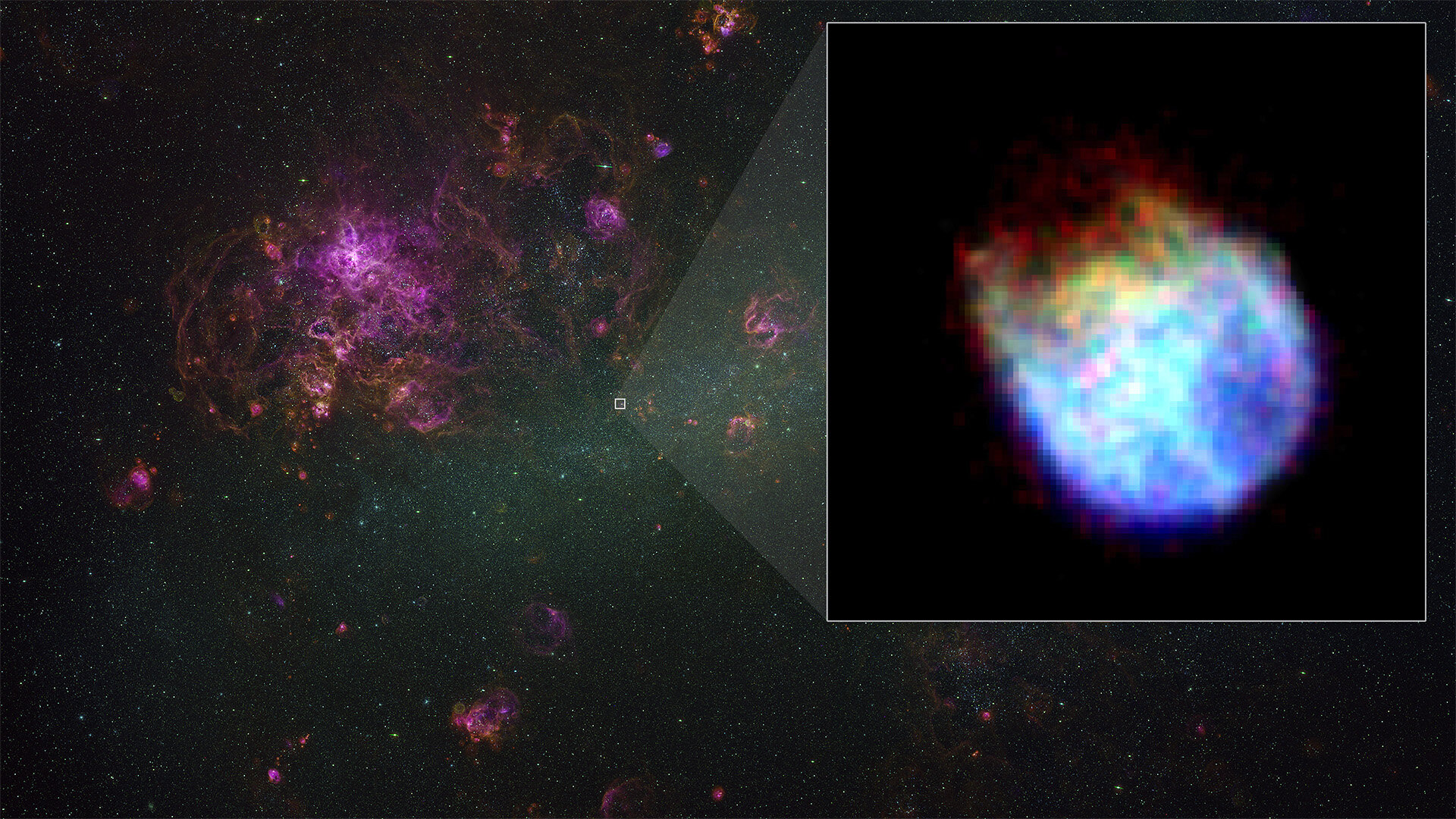 Ostatak supernove N132D nalazi se u središnjem dijelu Velikog Magellanovog oblaka, patuljaste galaksije udaljene oko 160,000 svjetlosnih godina. XRISM-ov Xtend snimio je ostatak u rendgenskim zrakama, prikazanom u ovoj fotografiji. U svojoj najširoj točki, N132D prostire se na oko 75 svjetlosnih godina. Iako je sjajan u rendgenskim zrakama, zvjezdani ostatak je gotovo nevidljiv u pozadinskom prikazu s tla. Zasluge: JAXA/NASA/XRISM Xtend; pozadina, C. Smith, S. Points, MCELS tim i NOIRLab/NSF/AURA.